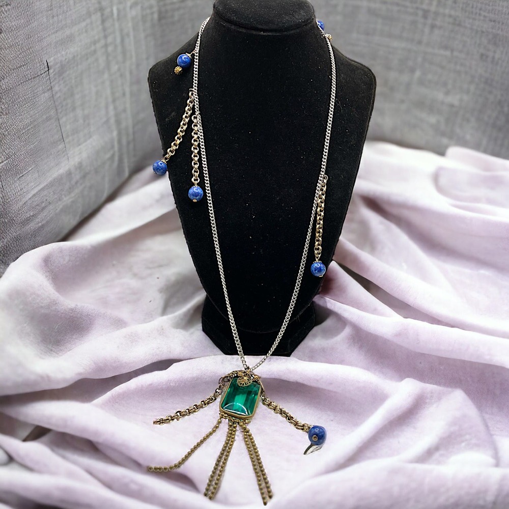 Hearts Charms Green Rectangle Glass Pendant Blue Sodalite Beads Chain Necklace!